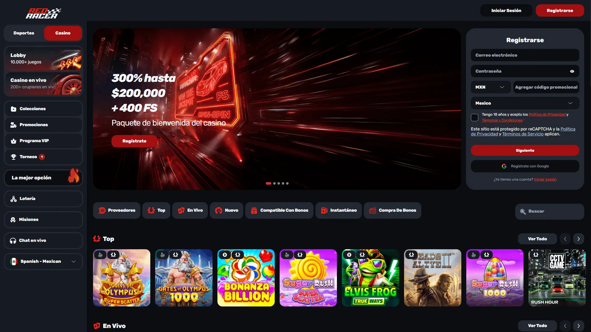 Página principal del casino RedRacer en México
